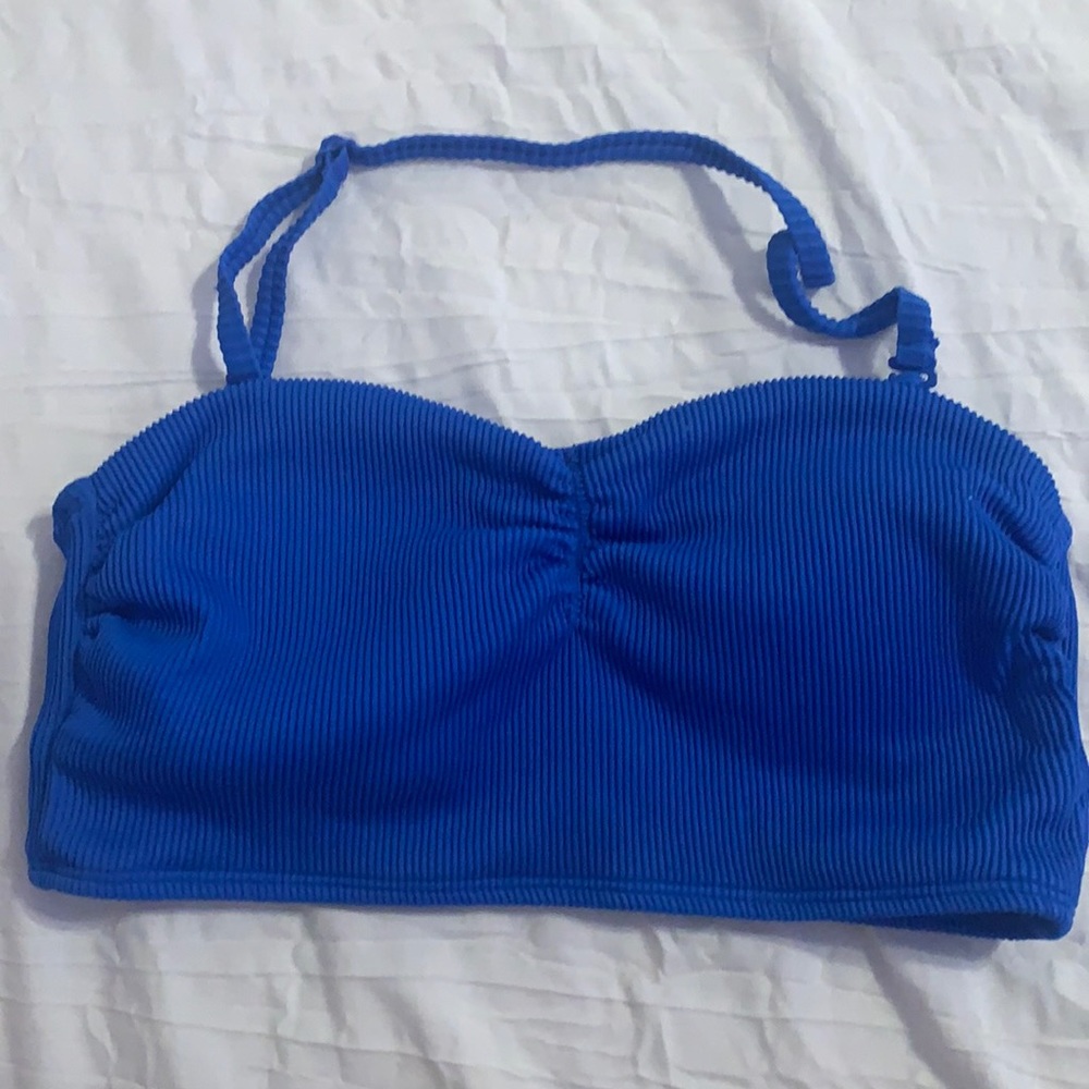 Blue ribbed bandeau bikini